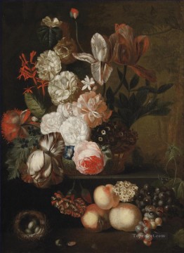 Roses tulips violets and other flowers in a wicker basket on a stone ledge with grapes peaches and a nest with eggs Jan van Huysum classical flowers Oil Paintings